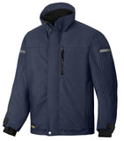 Navy Snickers AllRoundWork 37.5 Insulated Jacket - 1100 - snickers-online Designed to keep you warm and boost your everyday performance at work. Hardwearing, great-fitting and water-resistant, this is the go-to padded jacket when the temperature drops. Plenty of company profiling possibilities. Thick 3D mesh lining at the back retains air to increase insulation, warmth and comfort Pre-bent sleeves and stretch panels at back of shoulder provide maximum freedom of movement