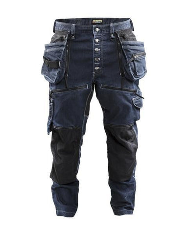 Blaklader Cordura Denim Stretch Work Trousers. Kneepads & Holster Pockets - 1999 - Durable craftsman trousers with low crotch and tapered legs. The model has regular fit and is referred to as low crotch or drop crotch, with tapered legs in the denim industry. The trousers are made of Cordura® Denim with stretch function and designed to hang comfortably on the hip. For optimal ability to move and great comfort,