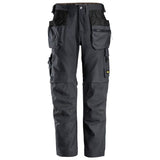 Steel Grey Canvas Stretch Snickers Allround Work Canvas Stretch Trouser Holster Pockets -6224 Trousers Snickers Active-Workwear Durable Snickers work trousers crafted for construction work with heavy duty demands. Classic work trousers with holster pockets made of strong and slightly stretchy Canvas+ fabric. The trousers feature CORDURA reinforcements at critical areas for extra durability and contrasting stretch panel at crotch for enhanced mobility. 