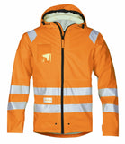 orange Snickers Hi Vis Waterproof Lightweight Work Jacket. EN343 Class 3 - 8233 - snickers-online A beacon in rainy weather. Completely waterproof high-visibility rain jacket. Made of stretchy PU-coated fabric with welded seams to ensure a 100% dry and comfortable working day. EN 343, EN 471, Class 3. Soft, heat-sealed 3M reflective tapes all round, the shoulders and arms so that you’re highly visible from all directions