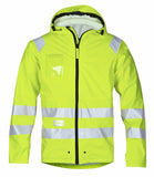 Yellow Snickers Hi Vis Waterproof Lightweight Work Jacket. EN343 Class 3 - 8233 - snickers-online A beacon in rainy weather. Completely waterproof high-visibility rain jacket. Made of stretchy PU-coated fabric with welded seams to ensure a 100% dry and comfortable working day. EN 343, EN 471, Class 3. Soft, heat-sealed 3M reflective tapes all round, the shoulders and arms so that you’re highly visible from all directions