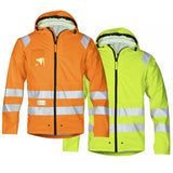 Snickers Hi Vis Waterproof Lightweight Work Jacket. EN343 Class 3 - 8233 - snickers-online A beacon in rainy weather. Completely waterproof high-visibility rain jacket. Made of stretchy PU-coated fabric with welded seams to ensure a 100% dry and comfortable working day. EN 343, EN 471, Class 3. Soft, heat-sealed 3M reflective tapes all round, the shoulders and arms so that you’re highly visible 