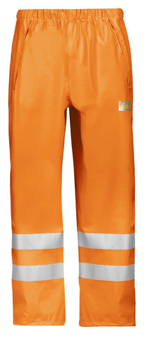 Orange Snickers Workwear Hi Vis Waterproof Rain Trousers (Lightweight) Class 2 - 8243-snickersonline A beacon in rainy weather. Completely waterproof high-visibility rain trousers. Made of stretchy PU-coated fabric with welded seams to ensure a 100% dry and comfortable working day. EN 343, EN 471, Class 2. Superior waterproof technology