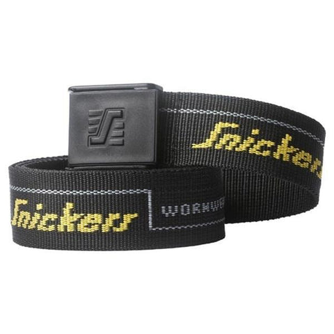 Snickers Workwear Logo Belt with Non Scratch Buckle - 9033 A must for the Snickers Workwear craftsman. Hardwearing fixed belt with non-scratch buckle. Available in several colours to match your image at work. Non-scratch plastic buckle with Snickers Workwear symbol Quick and easy lock system 40 mm wide belt with pronounced Snickers Workwear logos Firm and rough webbing for extra durability Available in three colours, including Hi-Vis nuance Size 90, 110, 130 cm (35, 43, 51 inches)