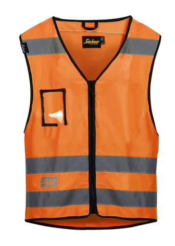 Orange Snickers Hi Vis Zipped Vest Class 2 (Multi Pockets) -9153  - snickers-online Bright design at work. Light yet hardwearing high-visibility vest with front zipper and patented MultiPockets convenience. EN 471, Class 2. Reflective bands all around, including over the shoulders so that you're highly visible from all directions – even when bending down Features patented MultiPockets convenience, two smart side pockets, perfect for a mobile phone