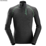 FlexiWork Seamless Wool Long Sleeved thermal baselayer 1/2 Zip Shirt - 9441 - snickers-online Superior wool warmth and advanced design for the ultimate first layer in cold conditions or when activity level varies. Designed for excellent ventilation and insulation, naturally odour-preventive for a fresh feel. Wool terry on the lower arms for increased warmth and support. Advanced design with ventilation mesh in armpits. Increased insulation in important areas, such as the kidneys. 